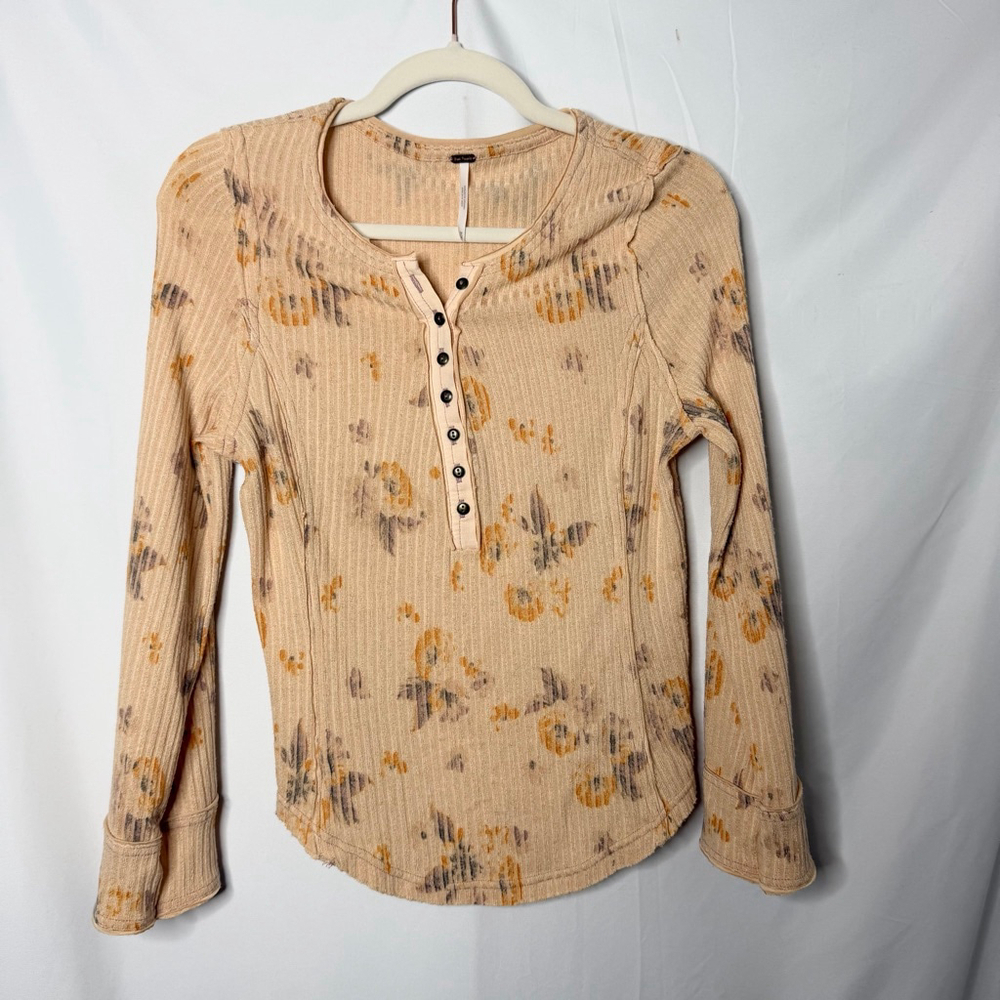 Free People Long Sleeve Floral Ribbed Henley Top M Beige Orange